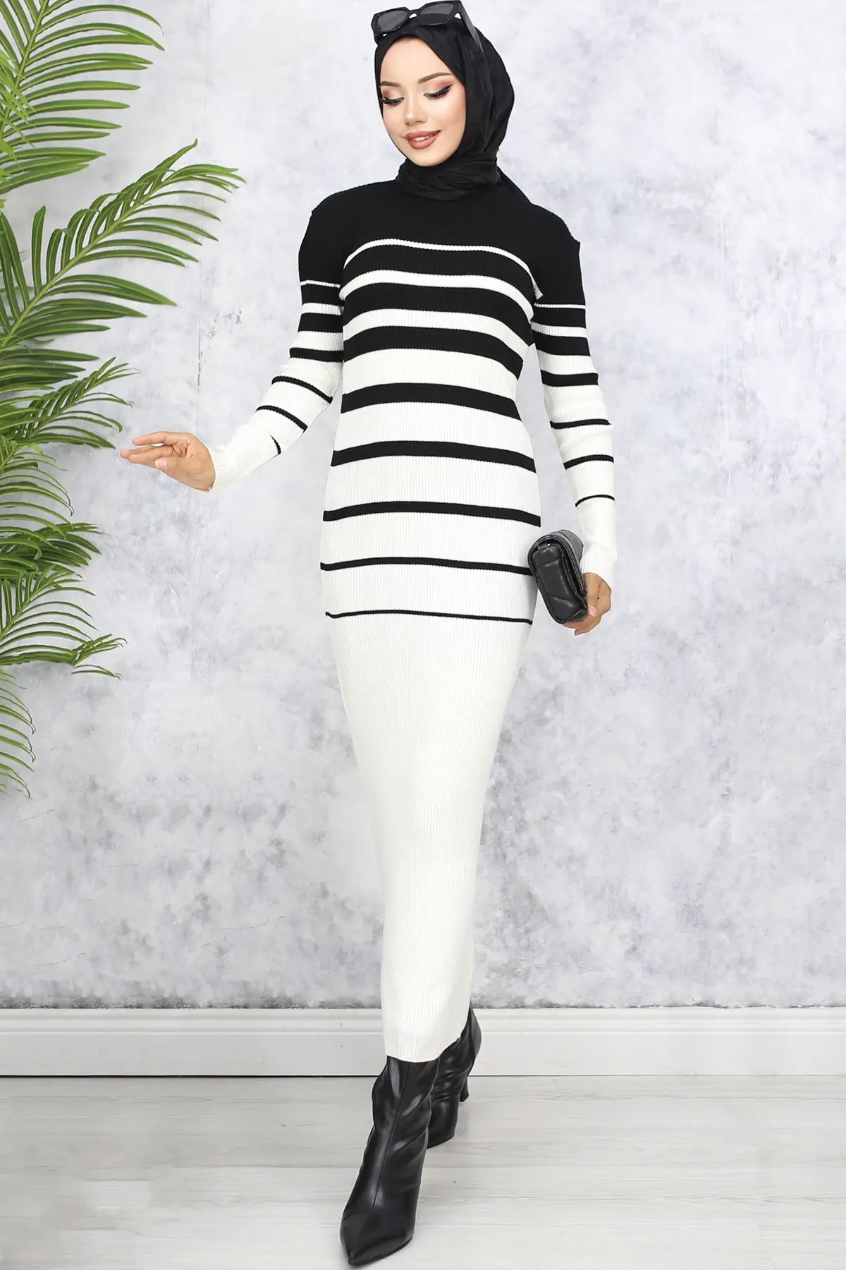 6107 Balıkçı Yaka Triko Elbise Siyah-detail