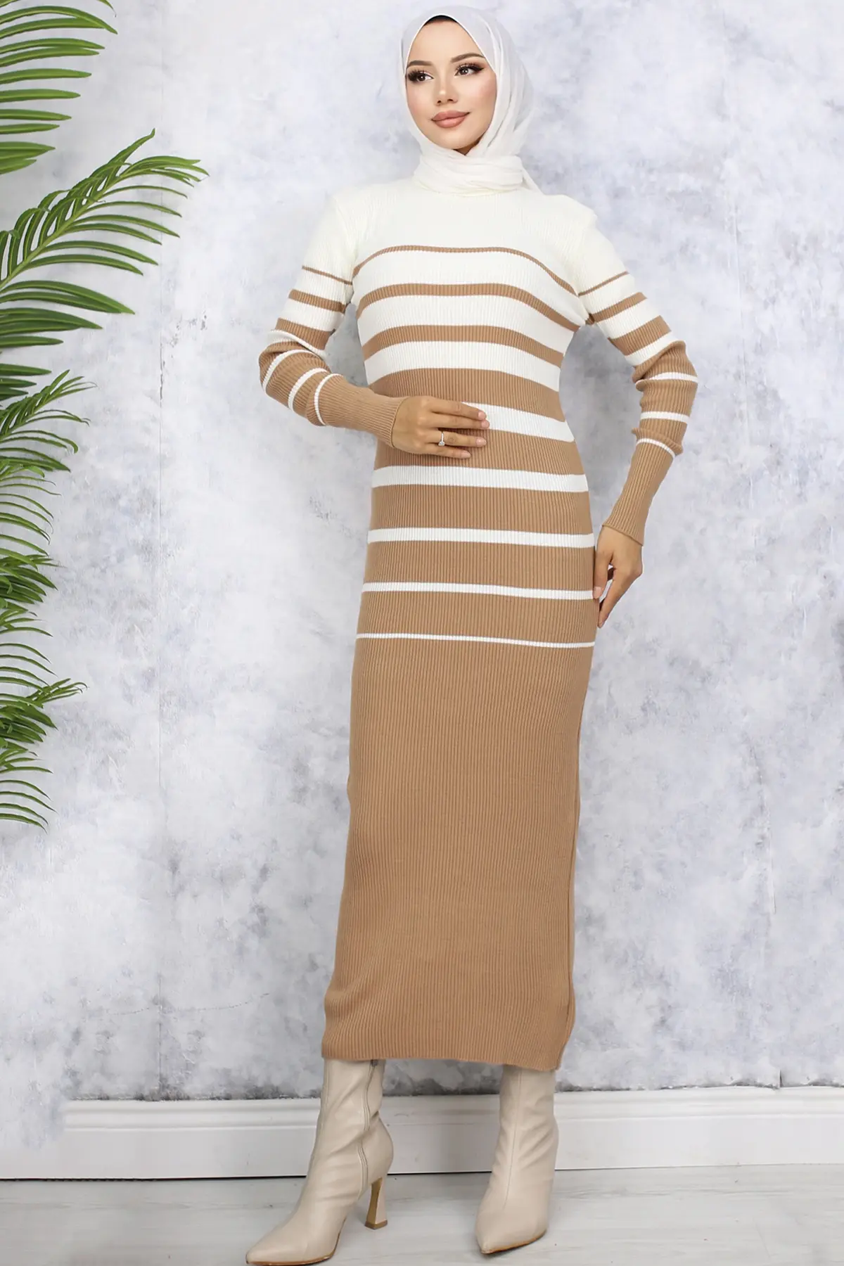 6107 Balıkçı Yaka Triko Elbise Vizon-detail