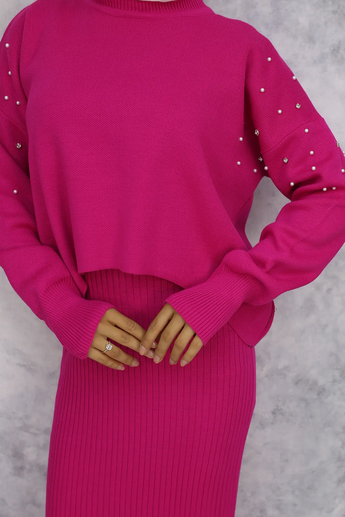 6109 İnci Detaylı Jile Triko Takım Fuşya-detail