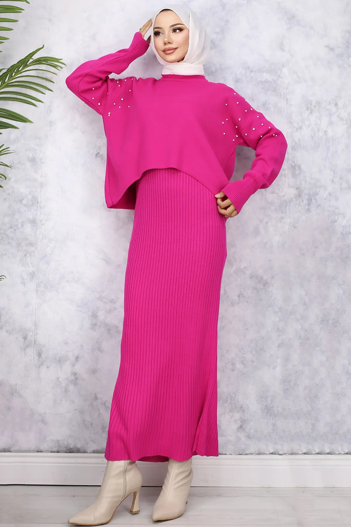 6109 İnci Detaylı Jile Triko Takım Fuşya-detail