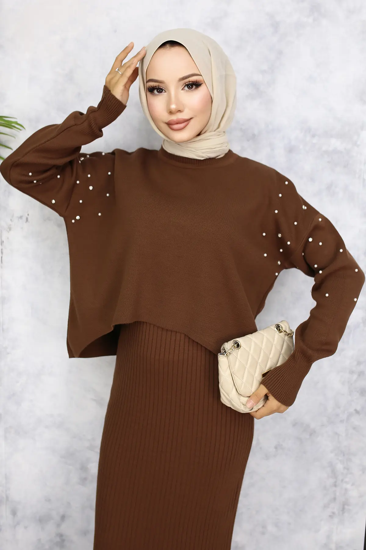 6109 İnci Detaylı Jile Triko Takım Kahverengi-detail
