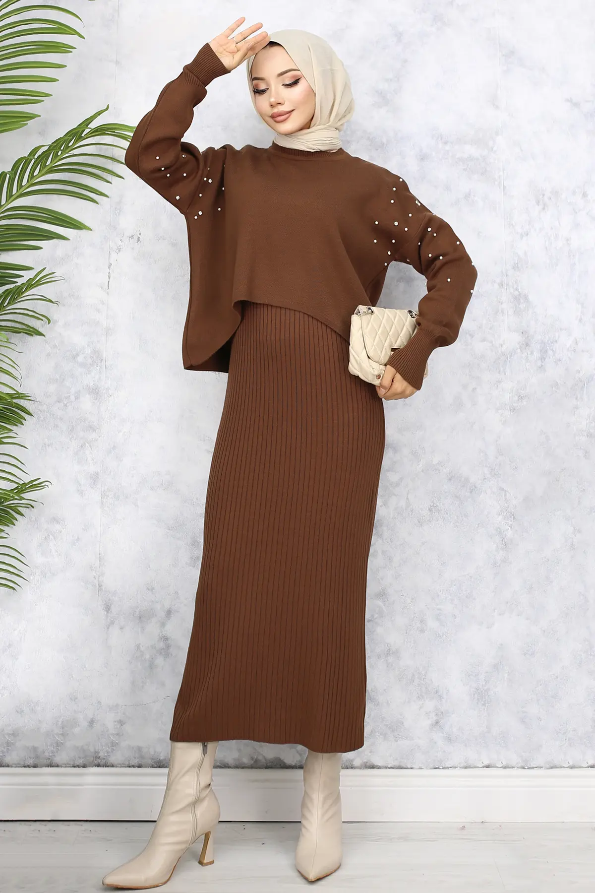 6109 İnci Detaylı Jile Triko Takım Kahverengi-detail