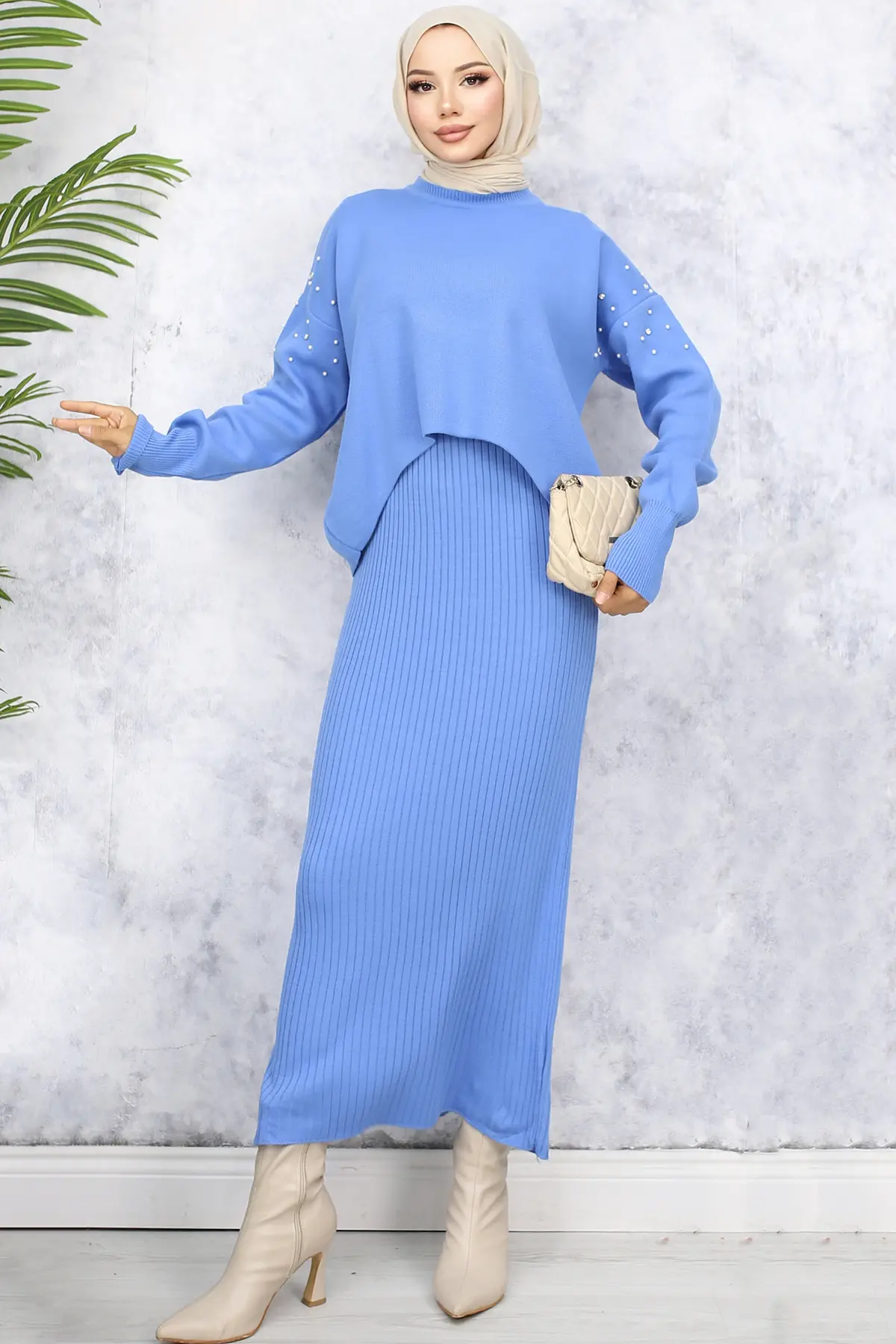 6109 İnci Detaylı Jile Triko Takım Mavi-detail