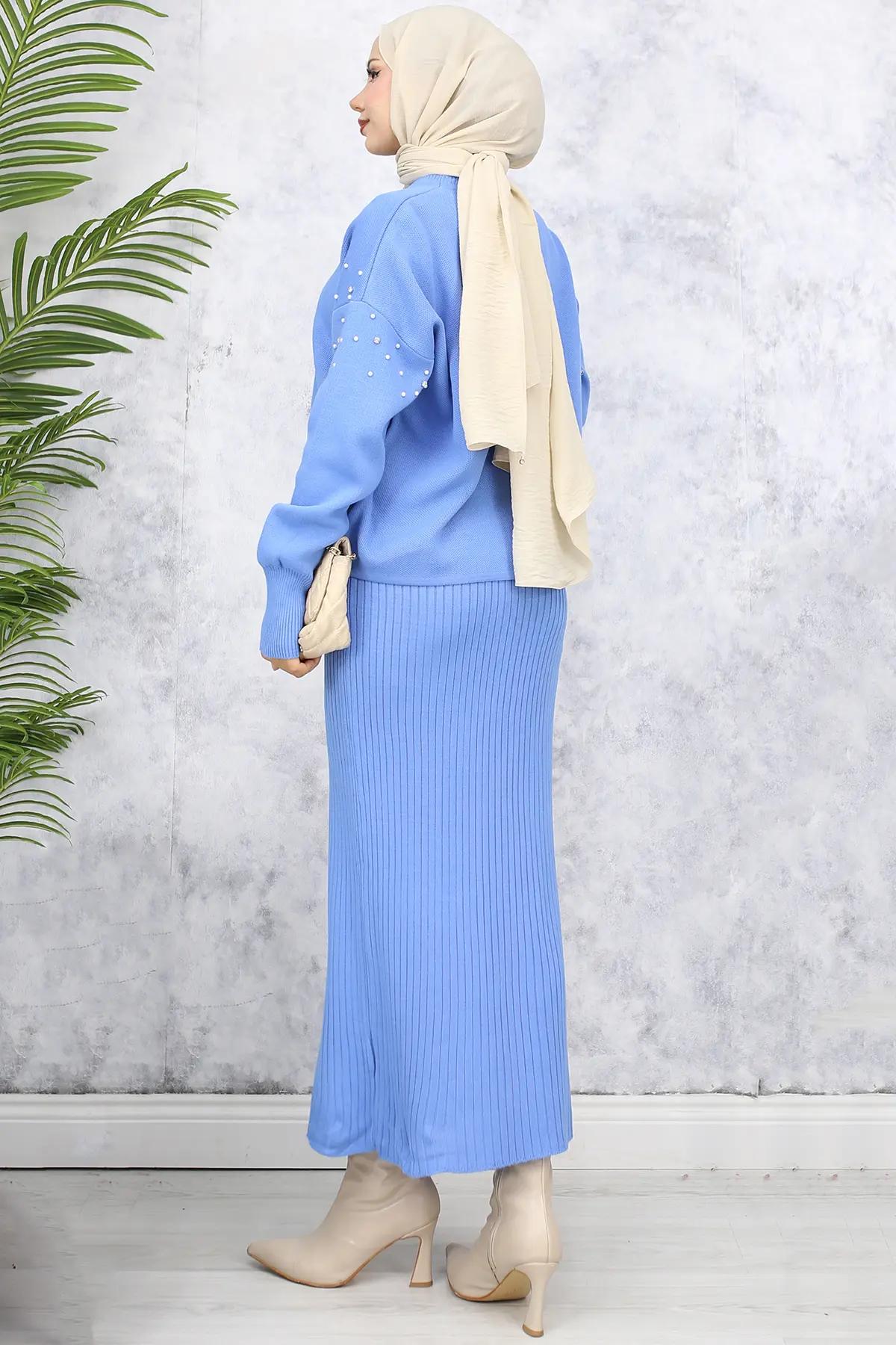 6109 İnci Detaylı Jile Triko Takım Mavi-detail