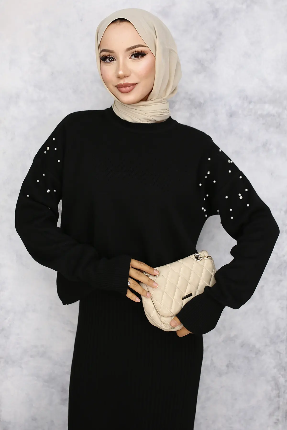 6109 İnci Detaylı Jile Triko Takım Siyah-detail