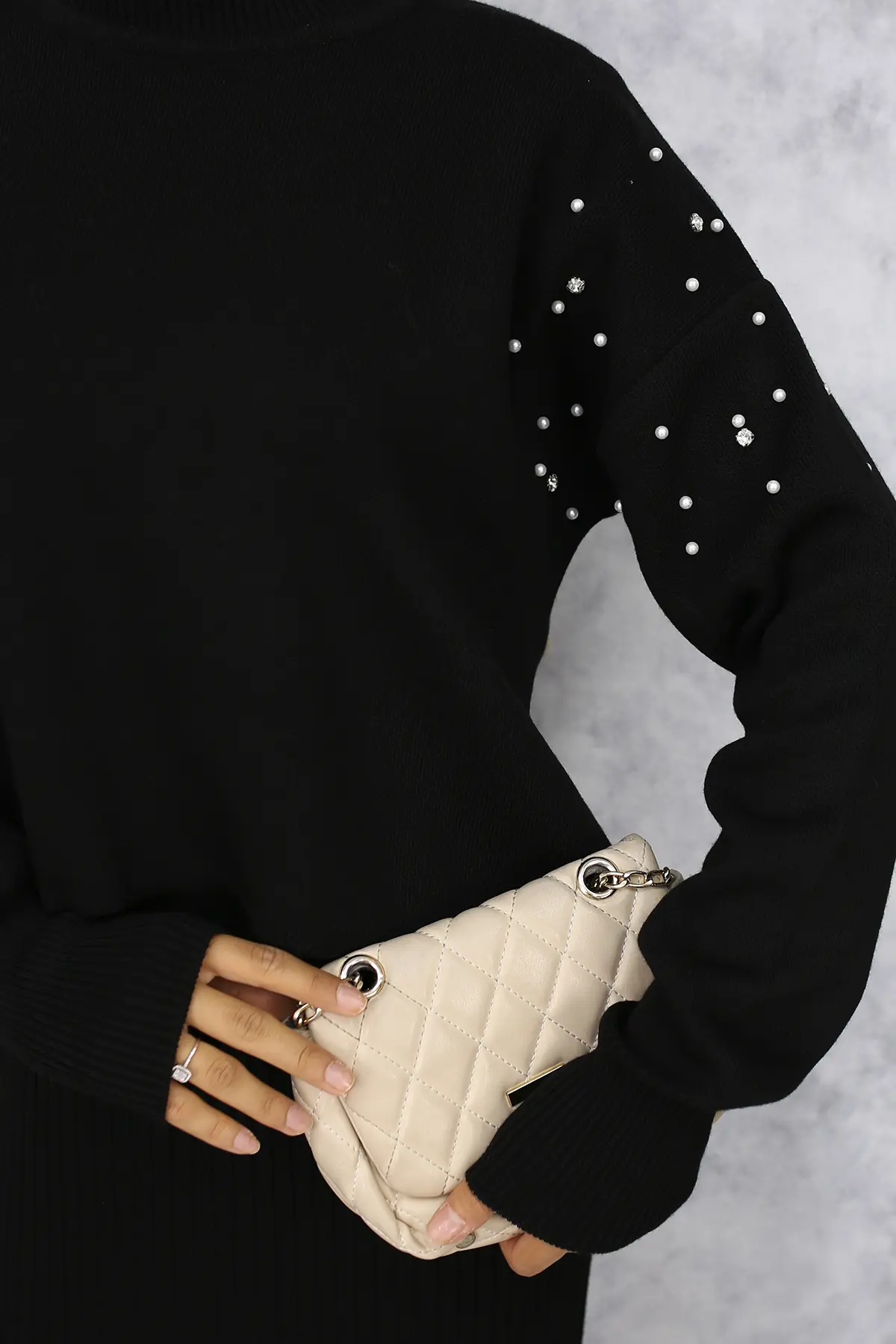 6109 İnci Detaylı Jile Triko Takım Siyah-detail