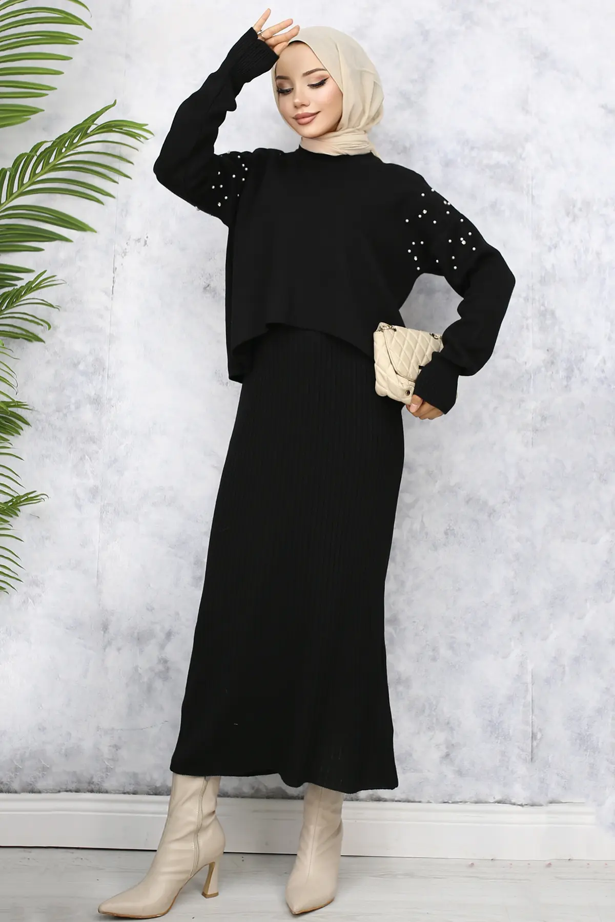 6109 İnci Detaylı Jile Triko Takım Siyah-detail