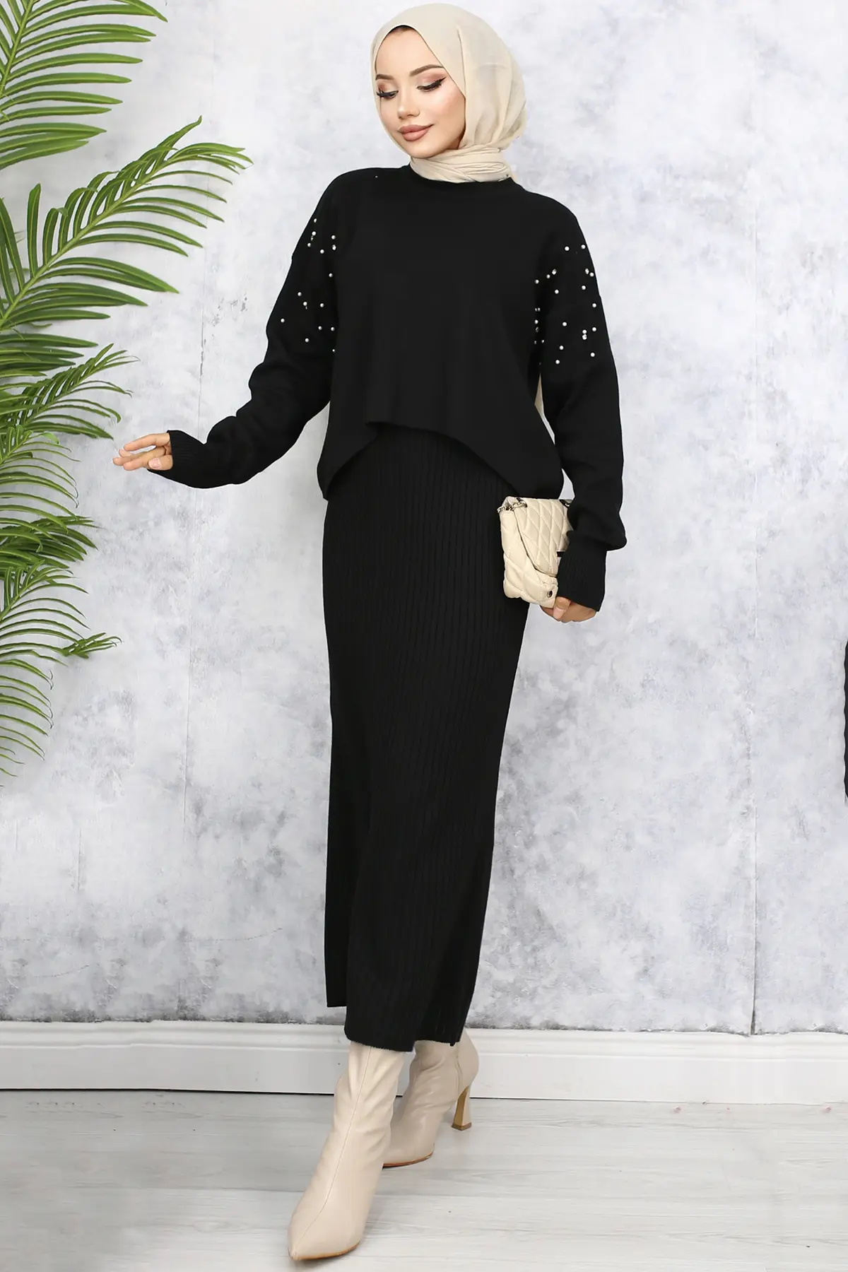 6109 İnci Detaylı Jile Triko Takım Siyah-detail