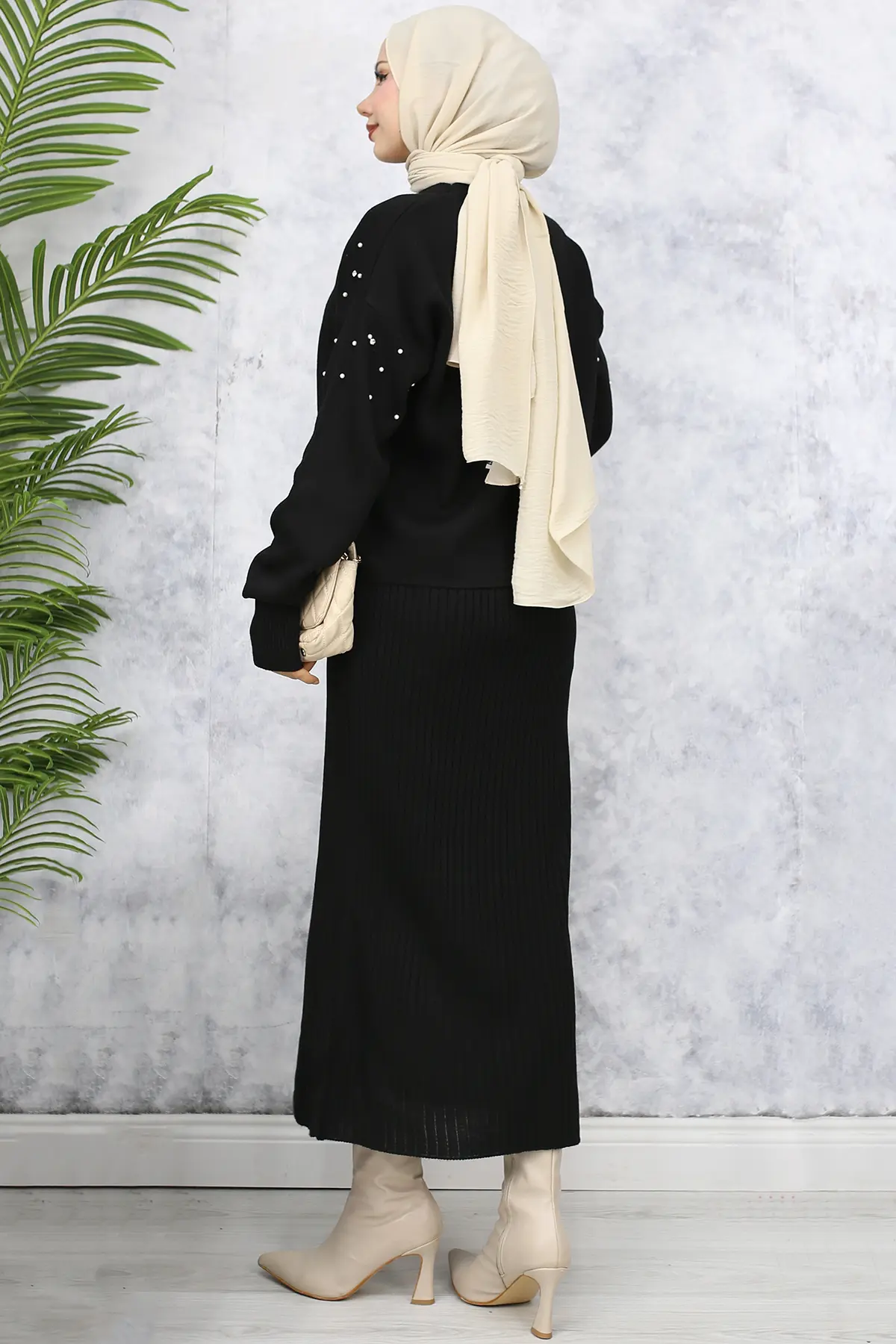 6109 İnci Detaylı Jile Triko Takım Siyah-detail