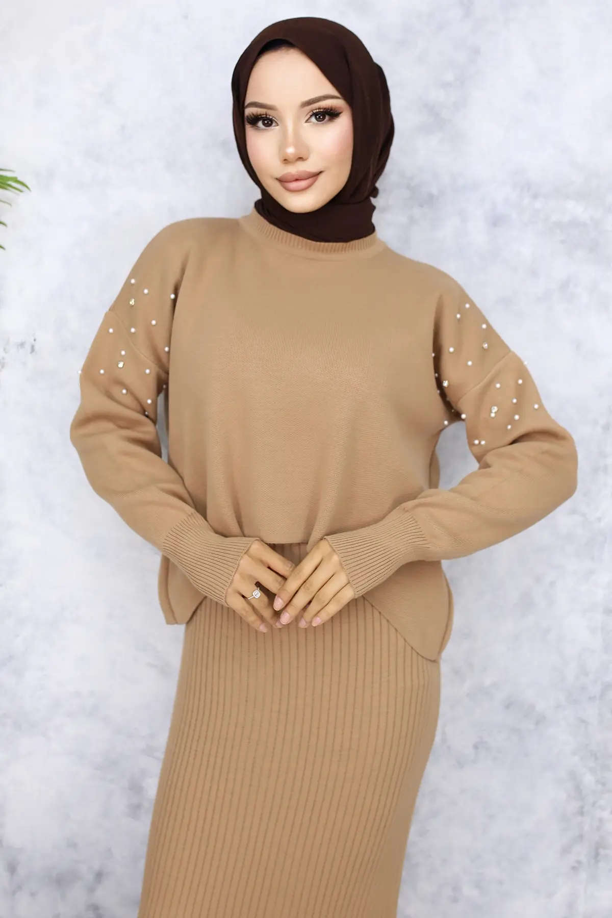 6109 İnci Detaylı Jile Triko Takım Vizon-detail