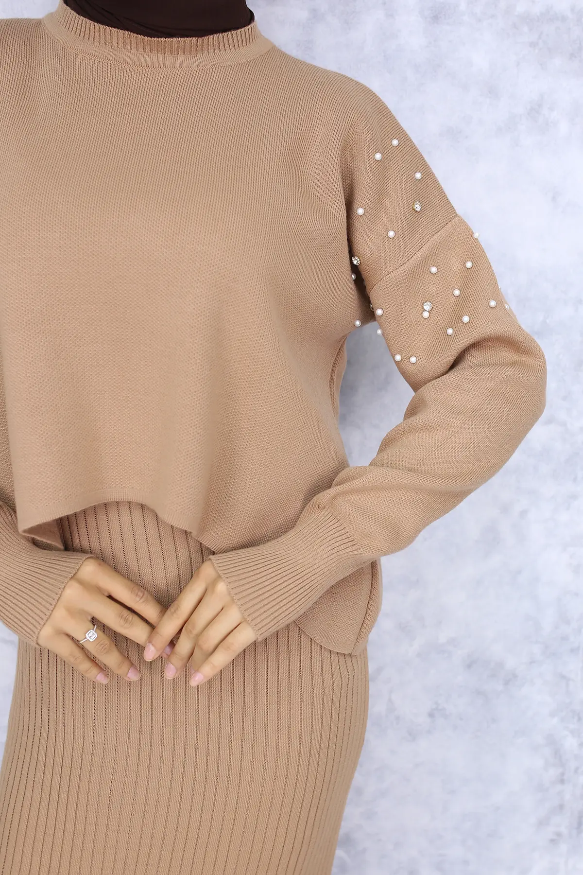 6109 İnci Detaylı Jile Triko Takım Vizon-detail