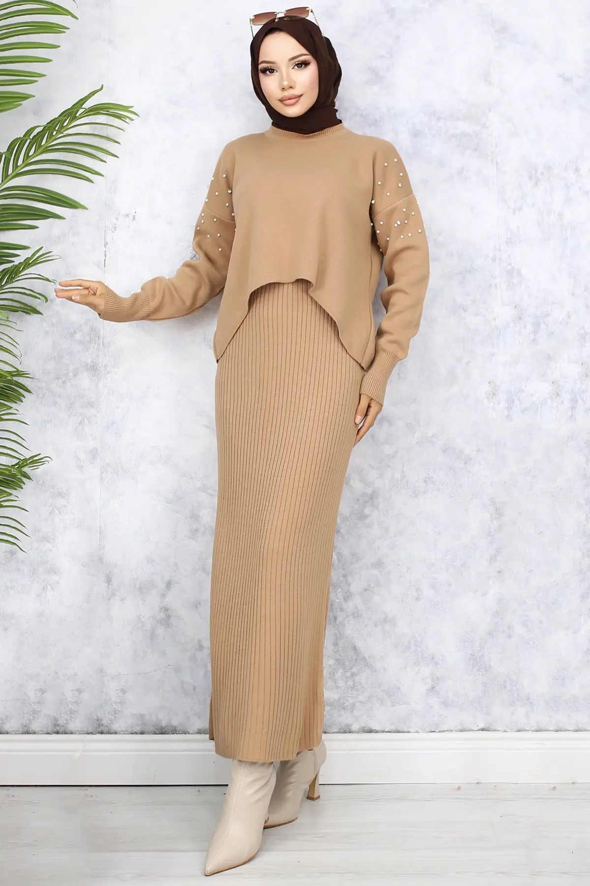 6109 İnci Detaylı Jile Triko Takım Vizon-detail