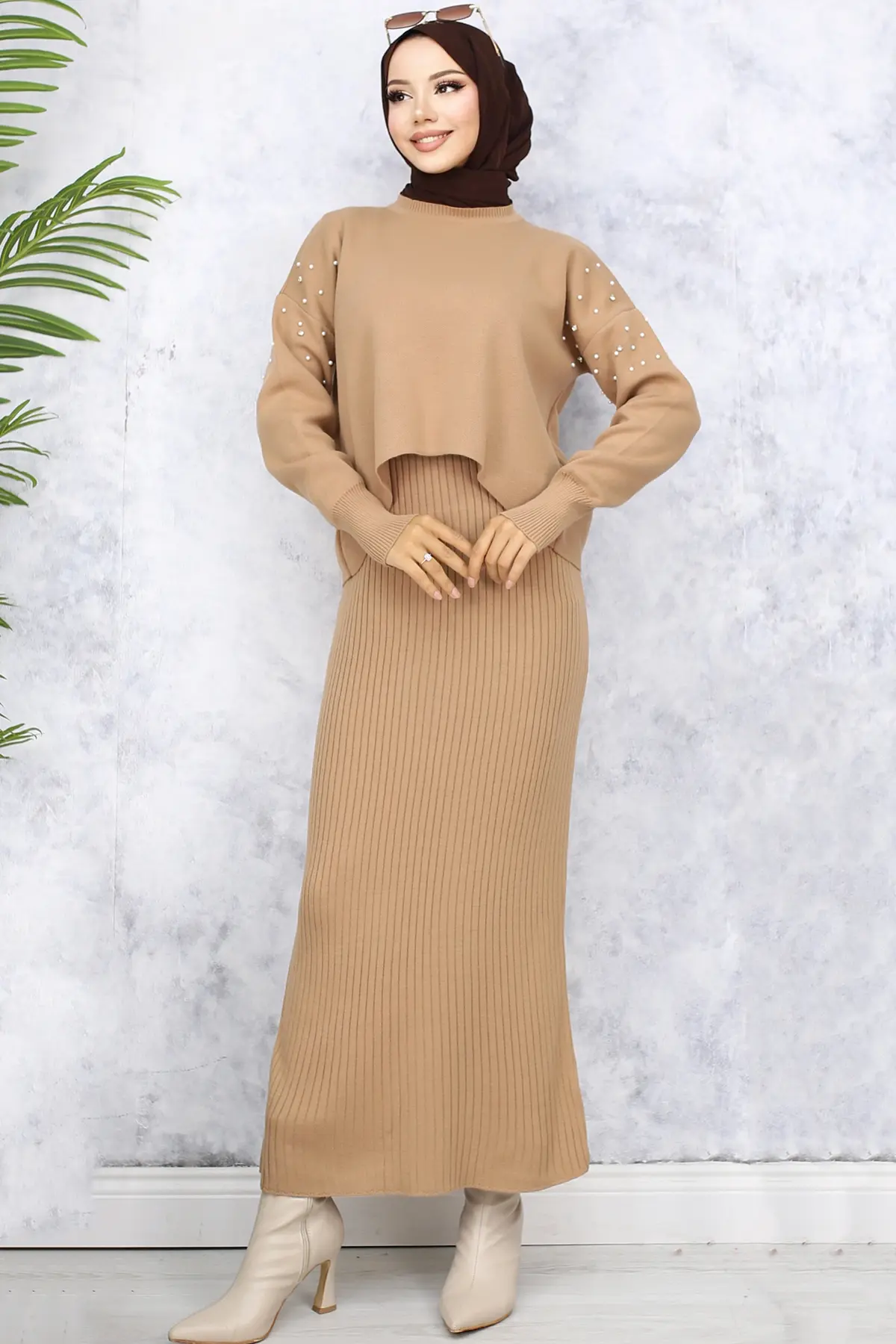 6109 İnci Detaylı Jile Triko Takım Vizon-detail