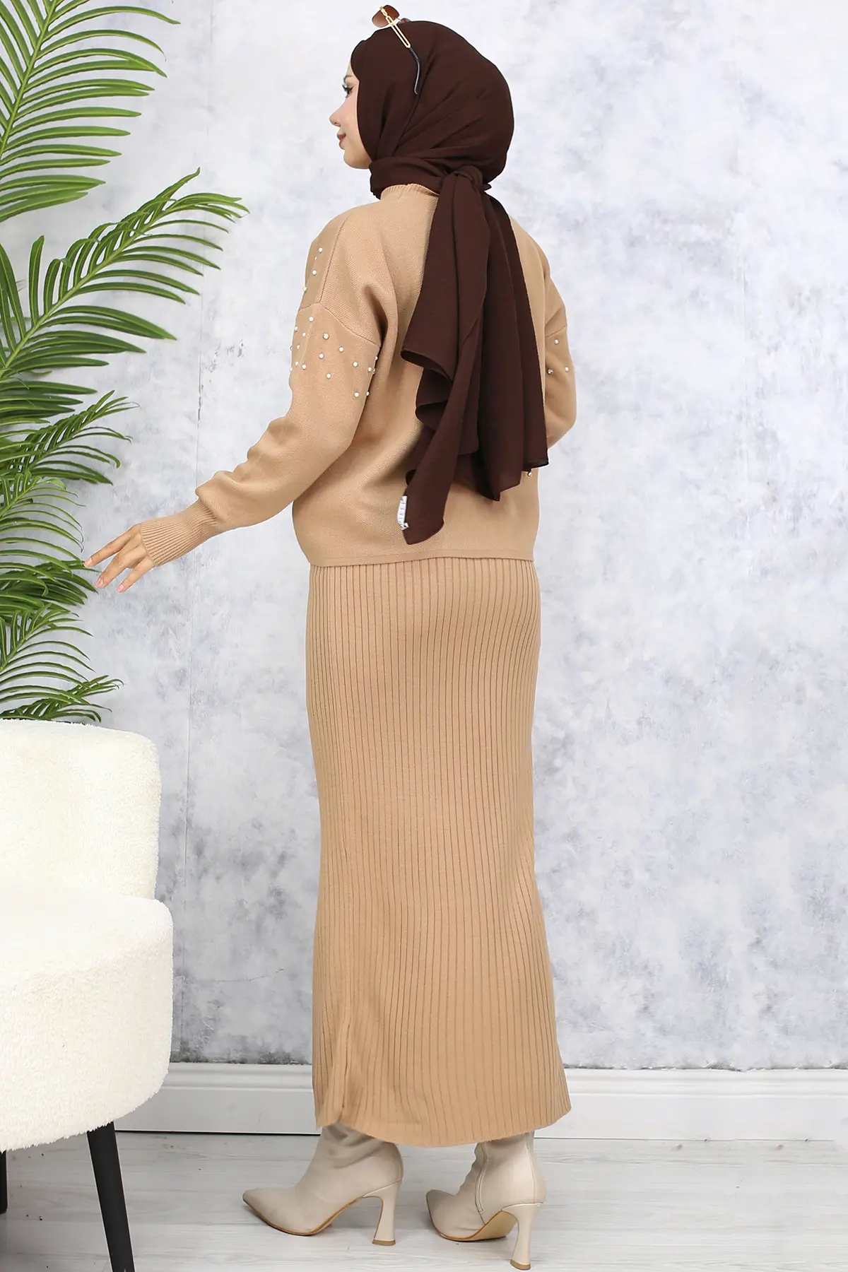 6109 İnci Detaylı Jile Triko Takım Vizon-detail