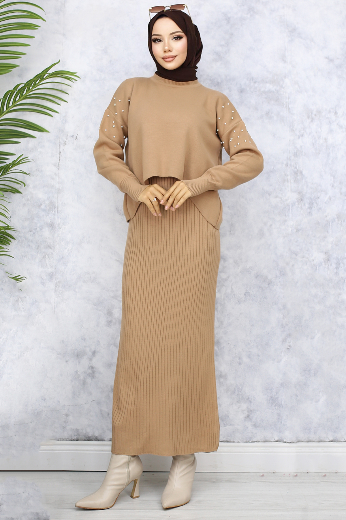 6109 İnci Detaylı Jile Triko Takım Vizon