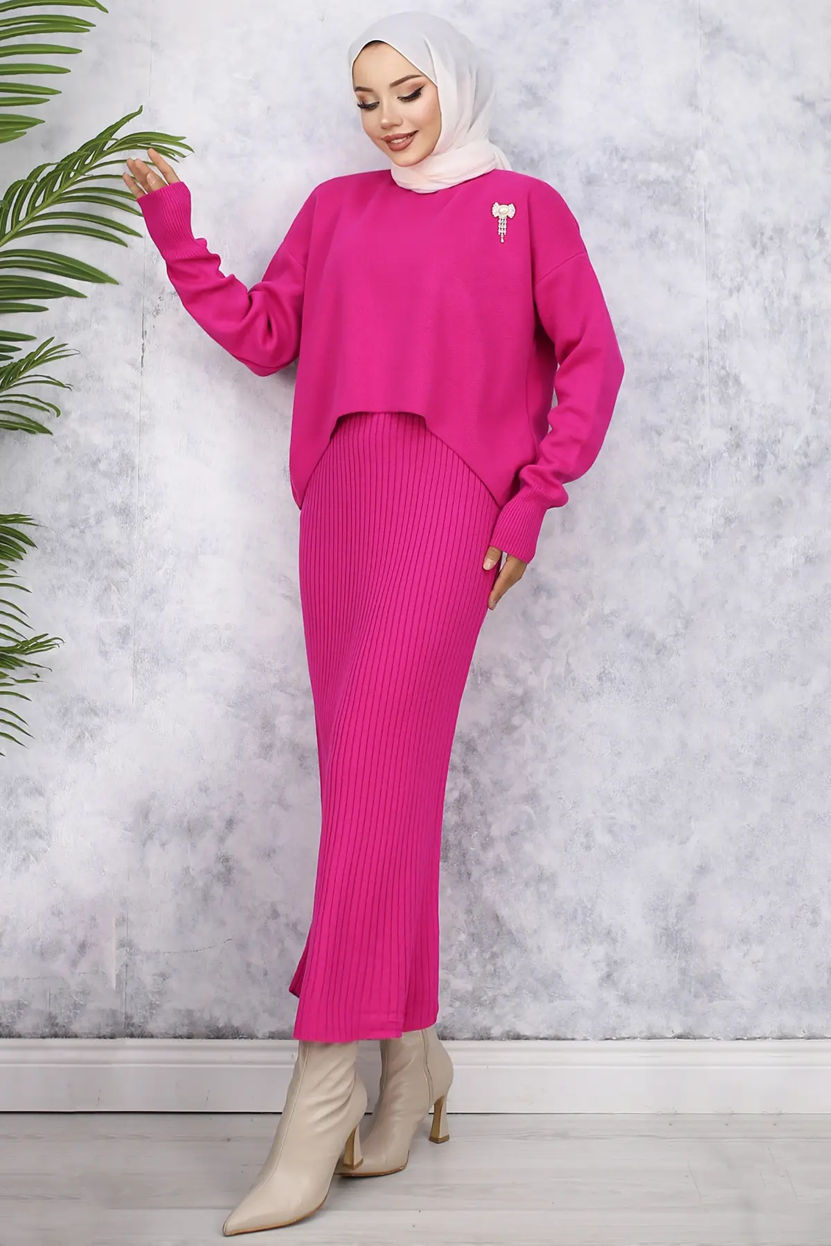 6110 Balıkçı Yaka Broş Detaylı Jile Triko Takım Fuşya-detail