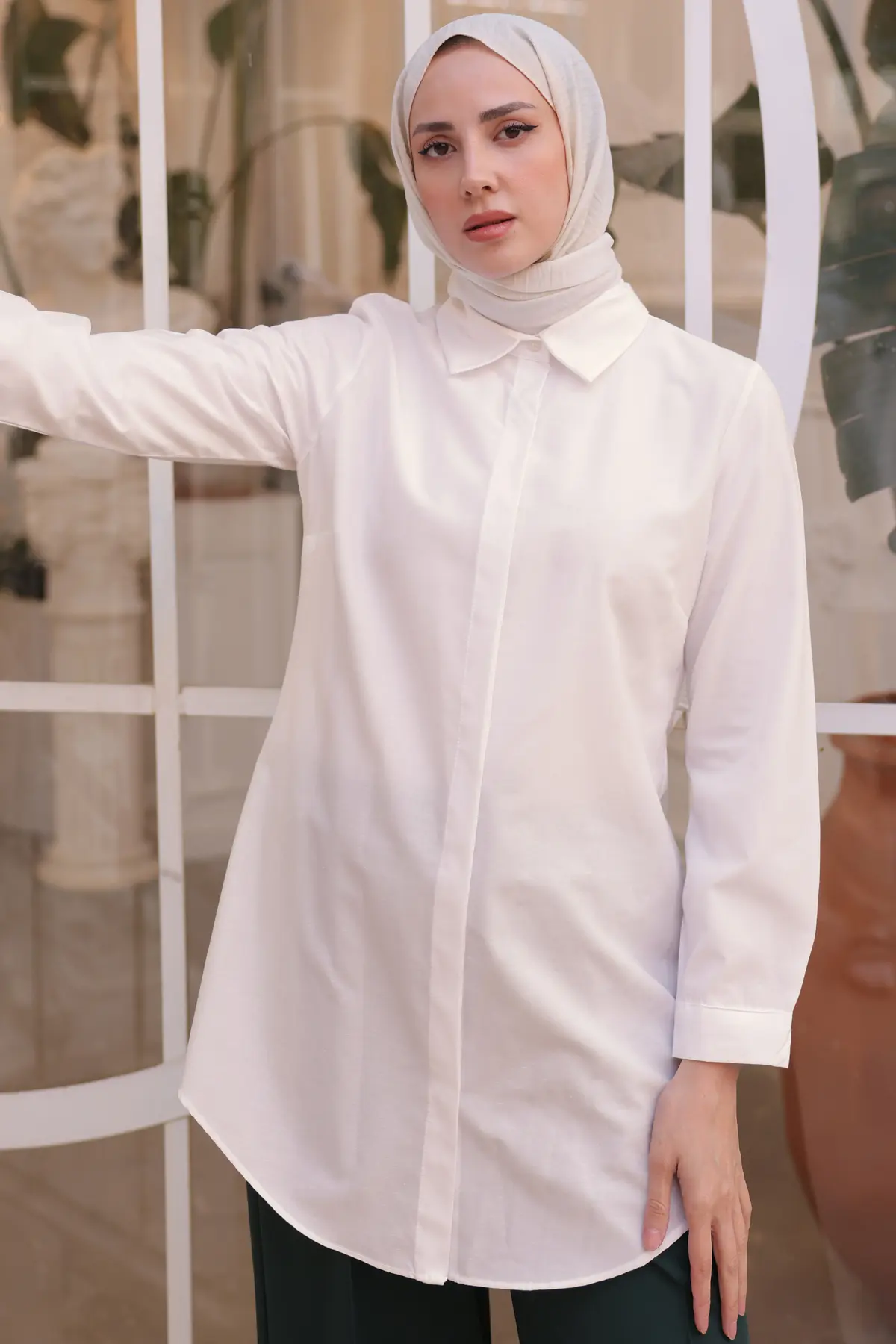 6111 Boyfirend Tesettür Gömlek Krem-detail