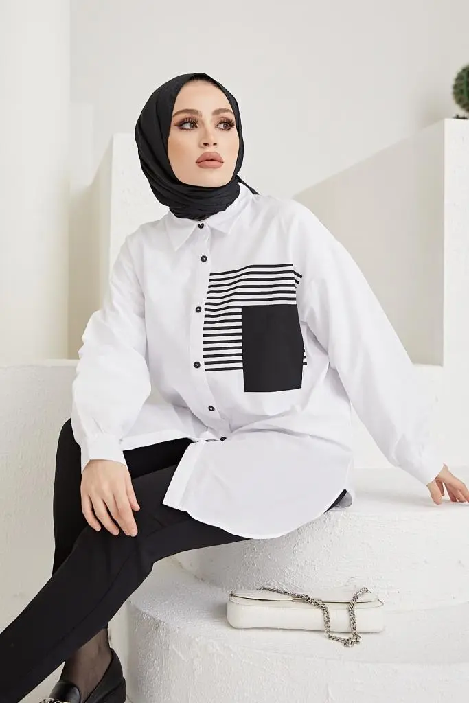 61409 Çizgi Detaylı Gömlek Beyaz-detail