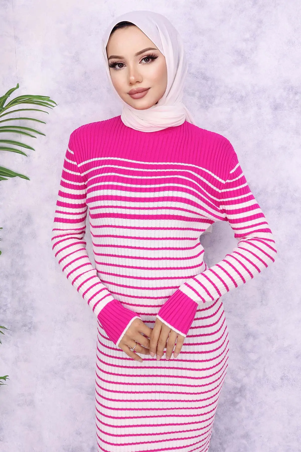 6143 Balıkçı Yaka Çizgili Triko Elbise Fuşya-detail