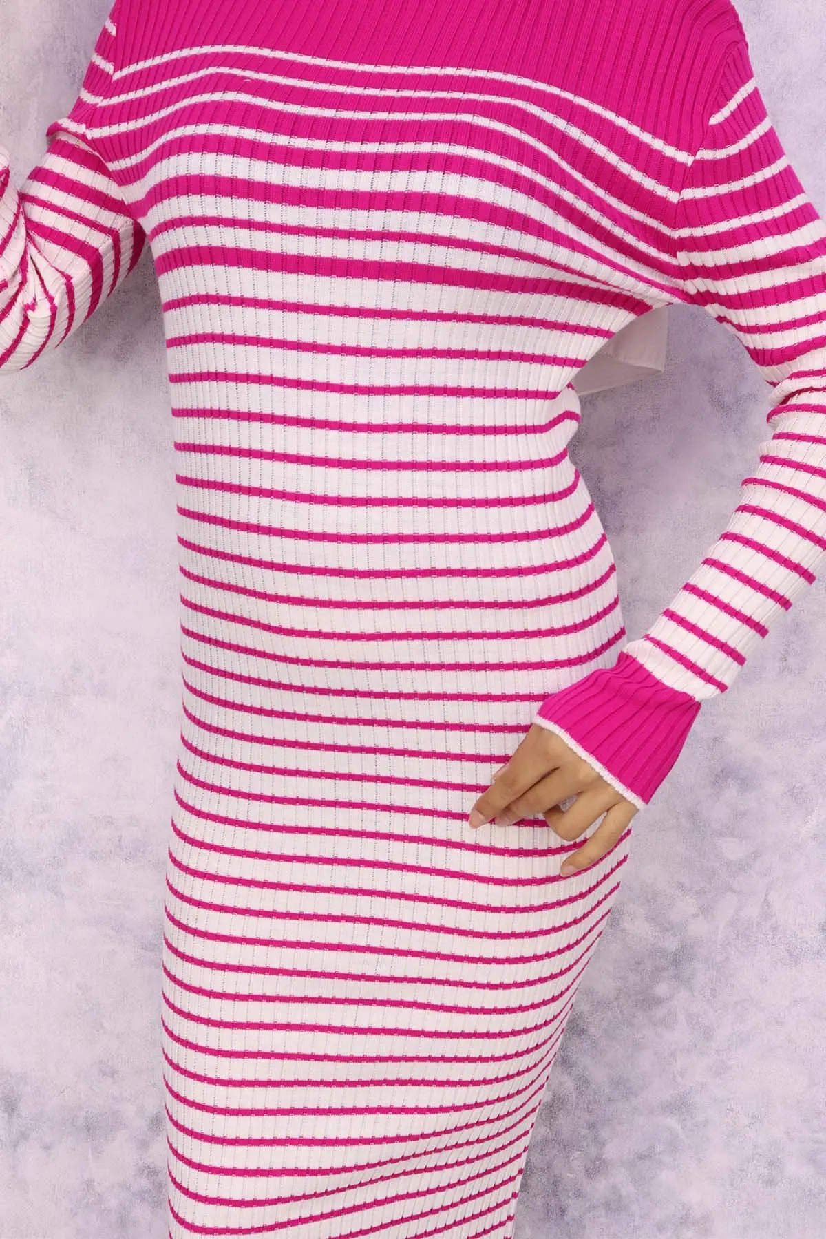 6143 Balıkçı Yaka Çizgili Triko Elbise Fuşya-detail