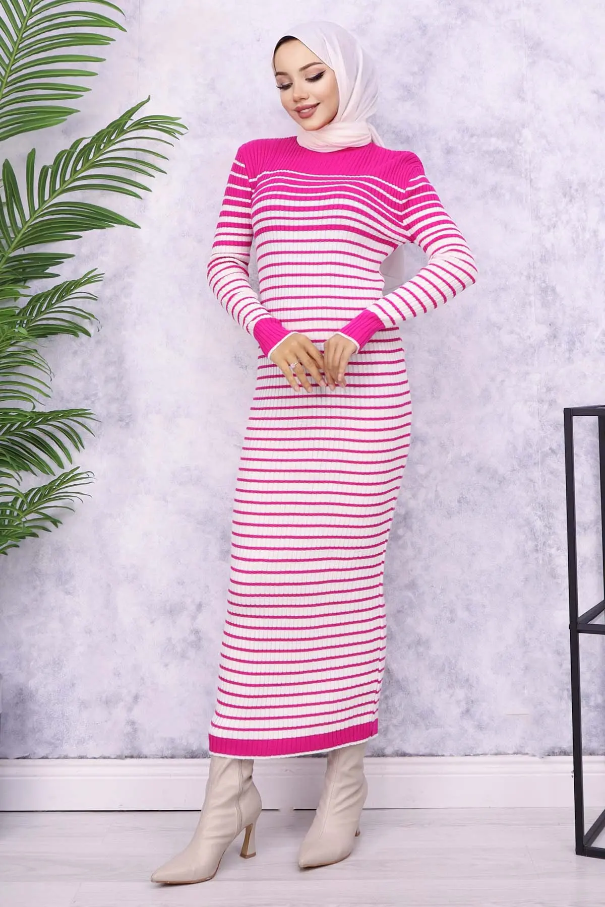 6143 Balıkçı Yaka Çizgili Triko Elbise Fuşya-detail