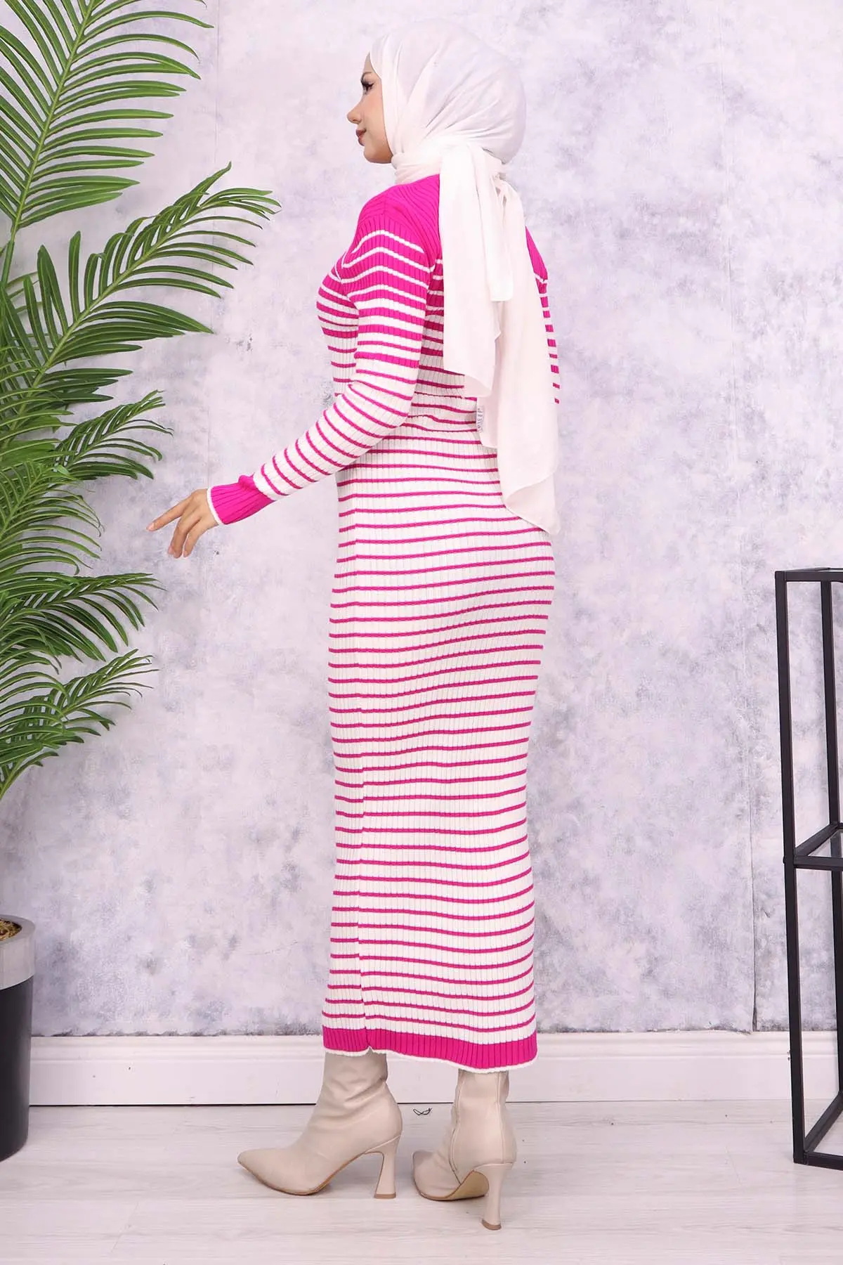 6143 Balıkçı Yaka Çizgili Triko Elbise Fuşya-detail