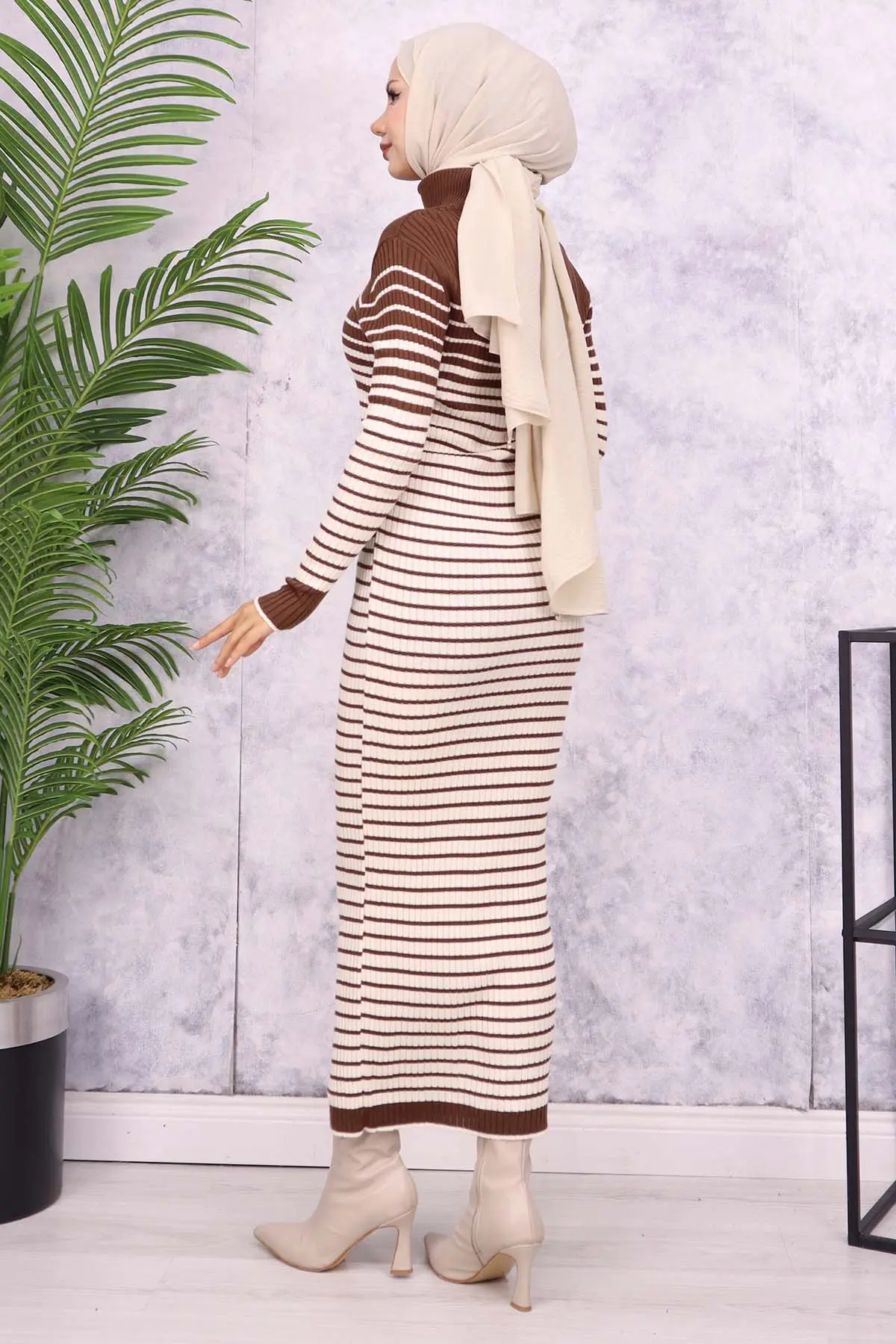 6143 Balıkçı Yaka Çizgili Triko Elbise Kahverengi-detail