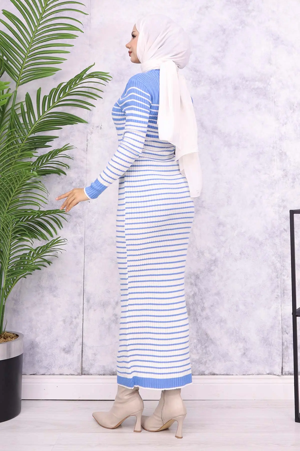 6143 Balıkçı Yaka Çizgili Triko Elbise Mavi-detail