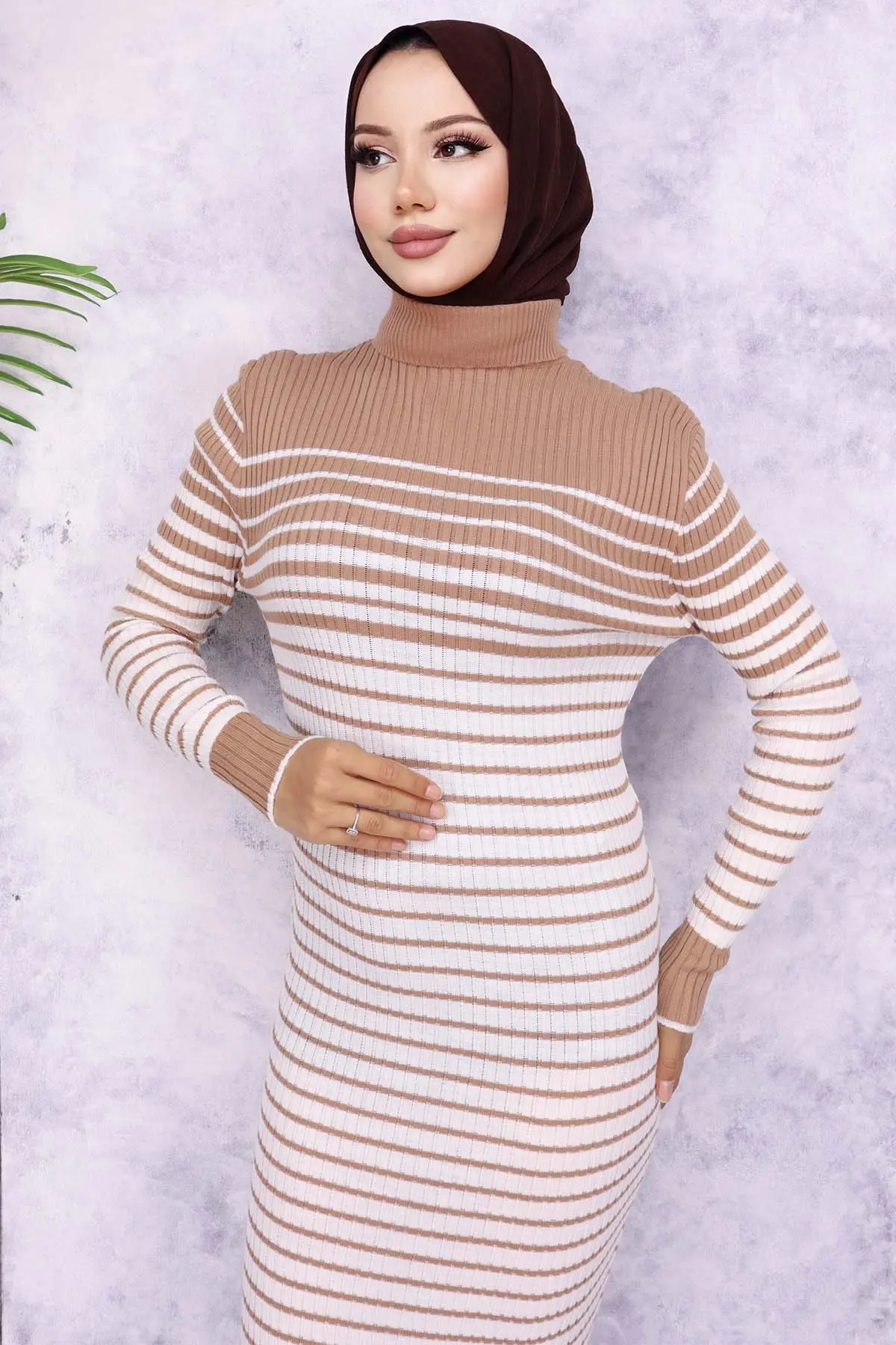 6143 Balıkçı Yaka Çizgili Triko Elbise Vizon-detail