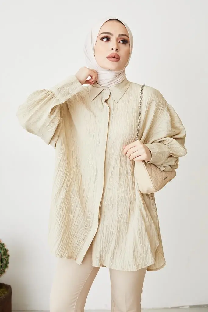 61446 Balon Kol Salaş Gömlek Bej-detail