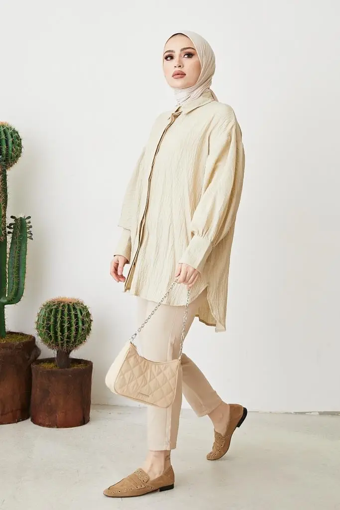 61446 Balon Kol Salaş Gömlek Bej-detail