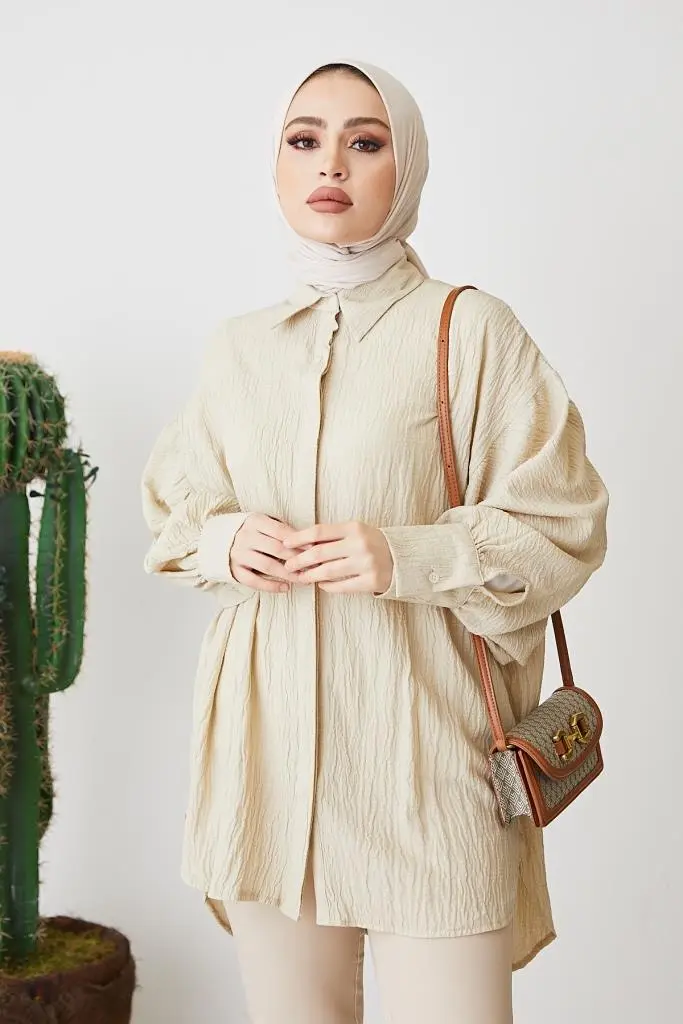 61446 Balon Kol Salaş Gömlek Bej-detail