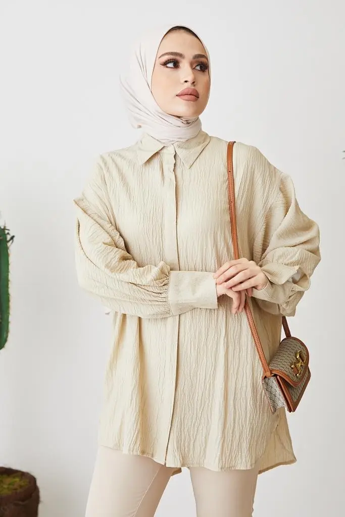 61446 Balon Kol Salaş Gömlek Bej-detail