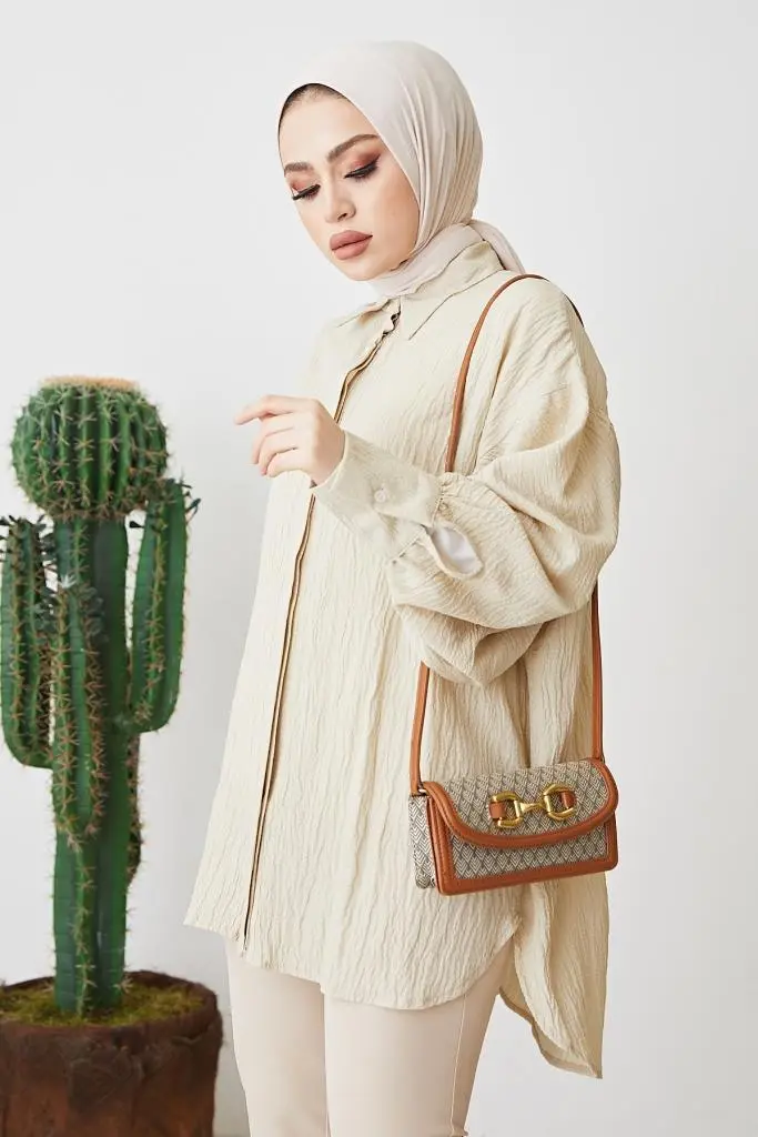 61446 Balon Kol Salaş Gömlek Bej-detail