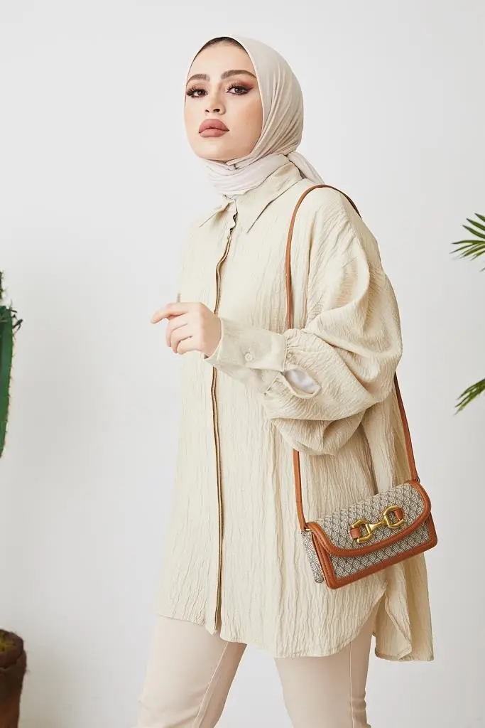 61446 Balon Kol Salaş Gömlek Bej-detail