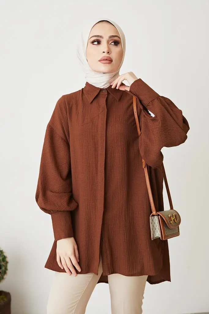 61446 Balon Kol Salaş Gömlek Kahve-detail