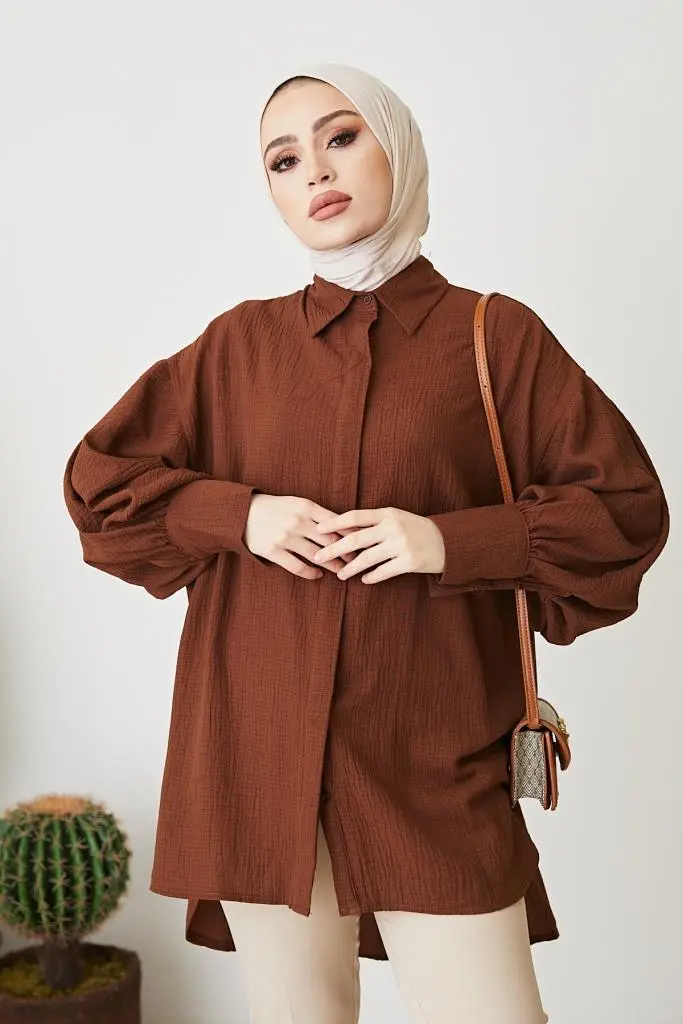 61446 Balon Kol Salaş Gömlek Kahve-detail