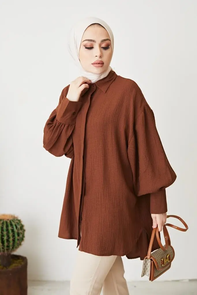 61446 Balon Kol Salaş Gömlek Kahve-detail