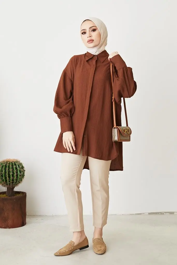 61446 Balon Kol Salaş Gömlek Kahve-detail