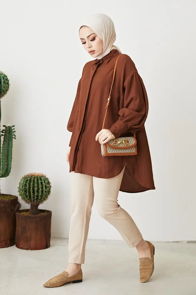 61446 Balon Kol Salaş Gömlek Kahve-detail