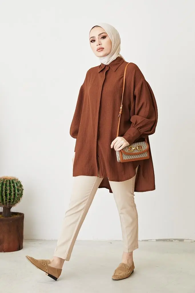 61446 Balon Kol Salaş Gömlek Kahve-detail