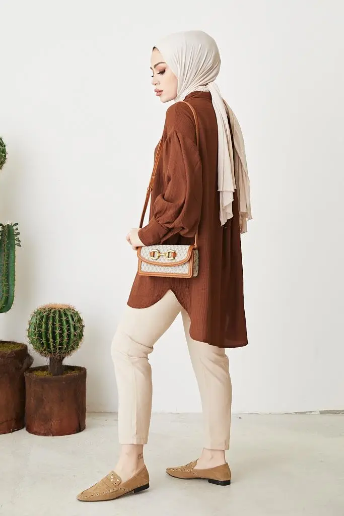 61446 Balon Kol Salaş Gömlek Kahve-detail