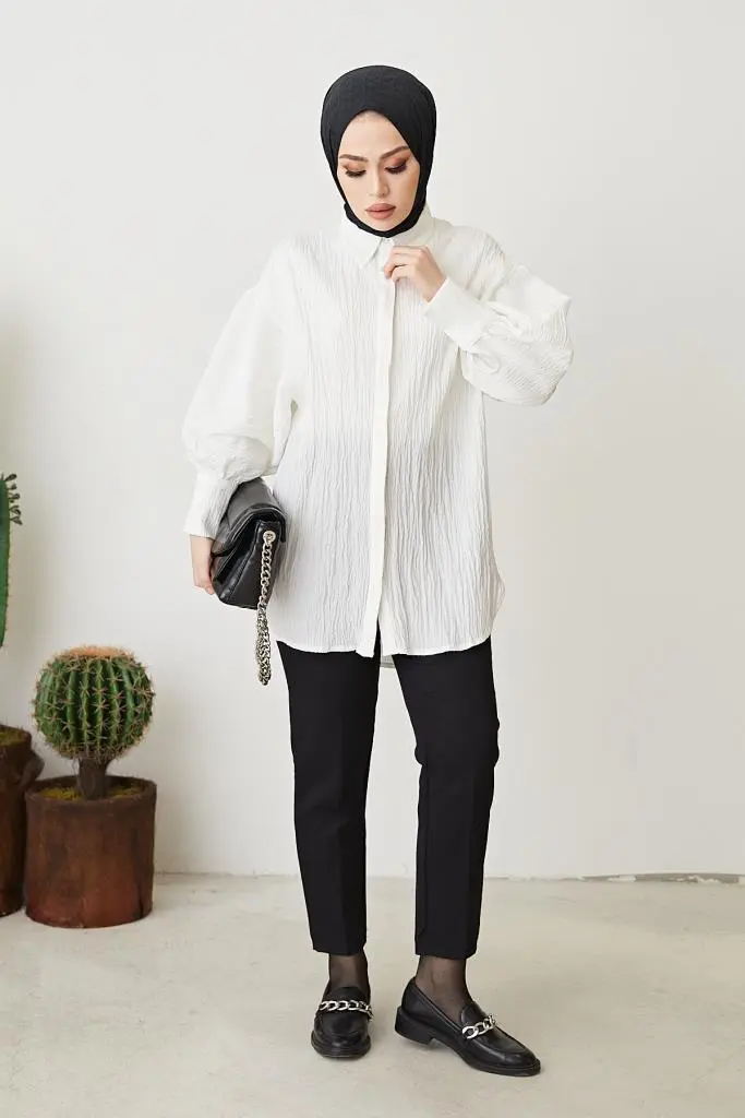 61446 Balon Kol Salaş Gömlek Kırık Beyaz-detail