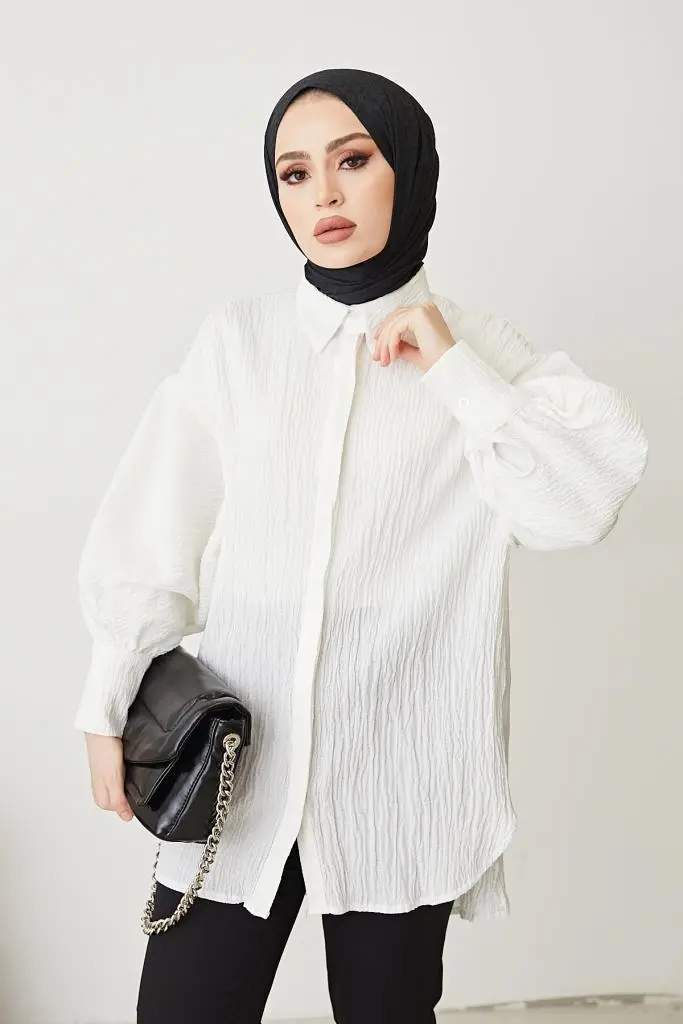 61446 Balon Kol Salaş Gömlek Kırık Beyaz-detail