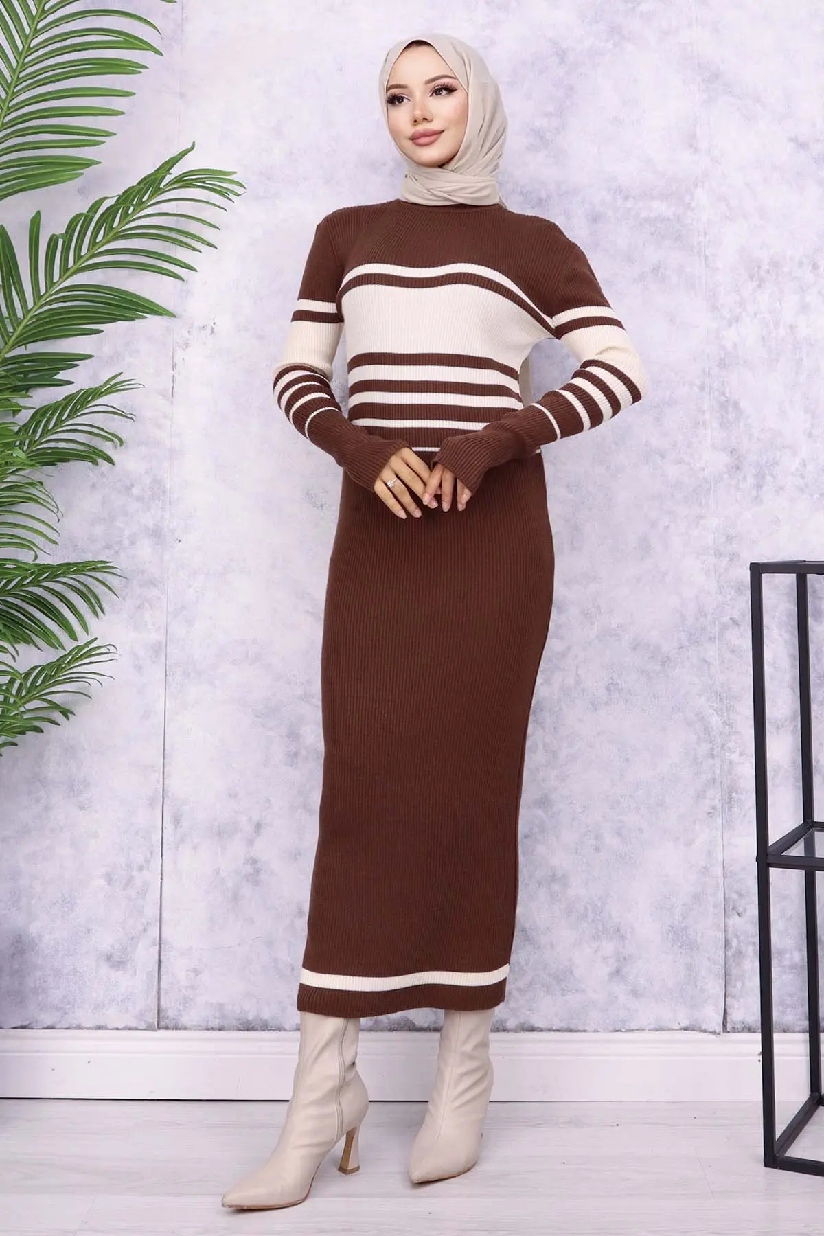 6146 Balıkçı Yaka Triko Elbise Kahverengi-detail