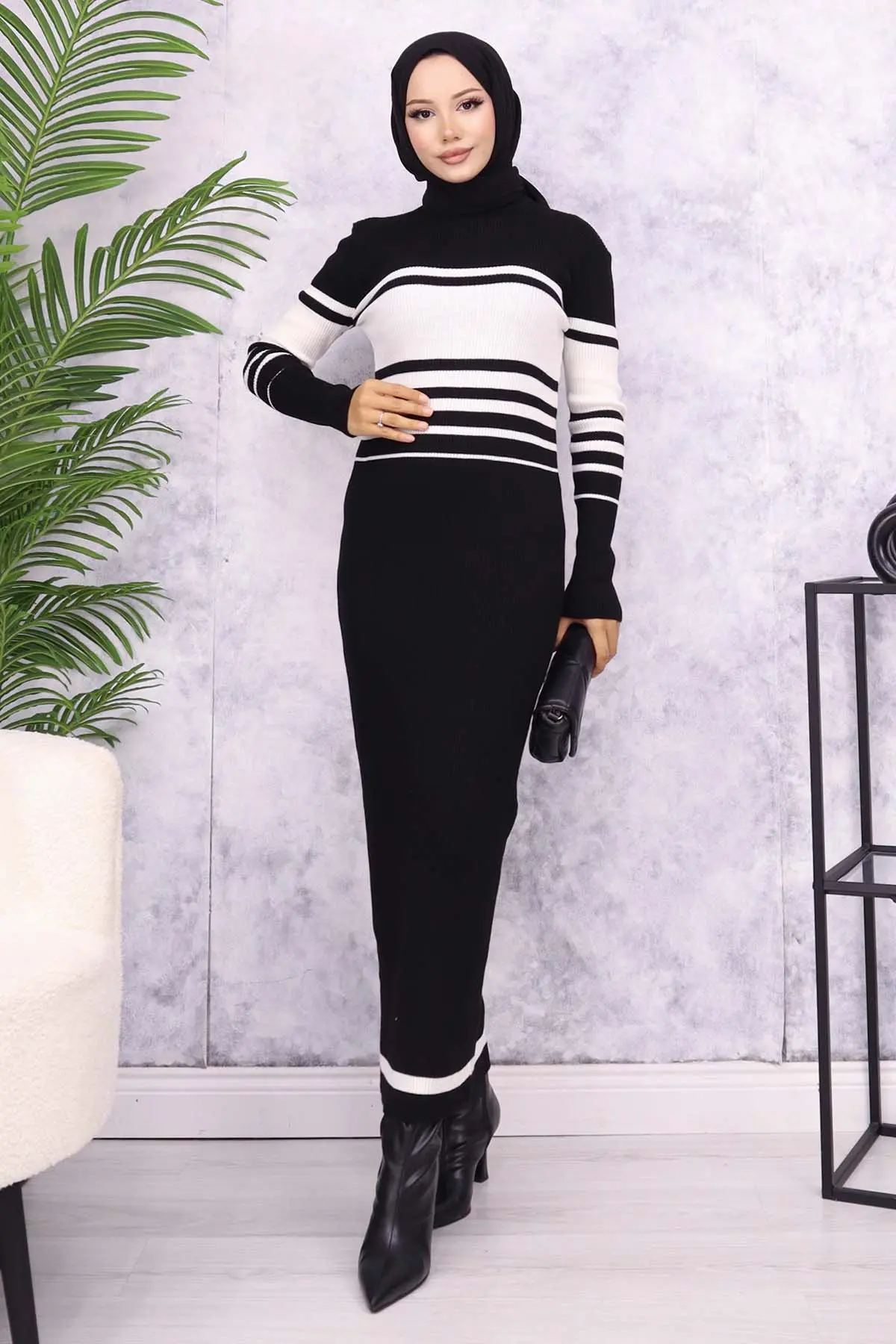 6146 Balıkçı Yaka Triko Elbise Siyah-detail