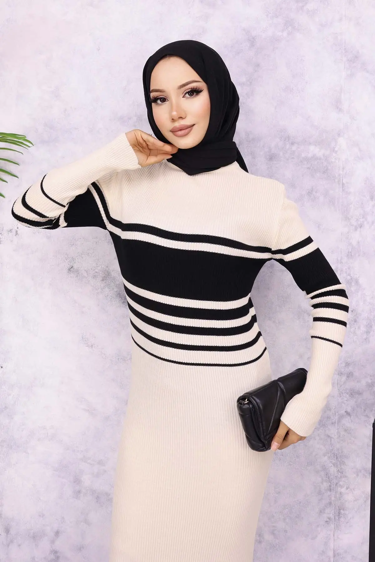 6146 Balıkçı Yaka Triko Elbise Taş Rengi-detail