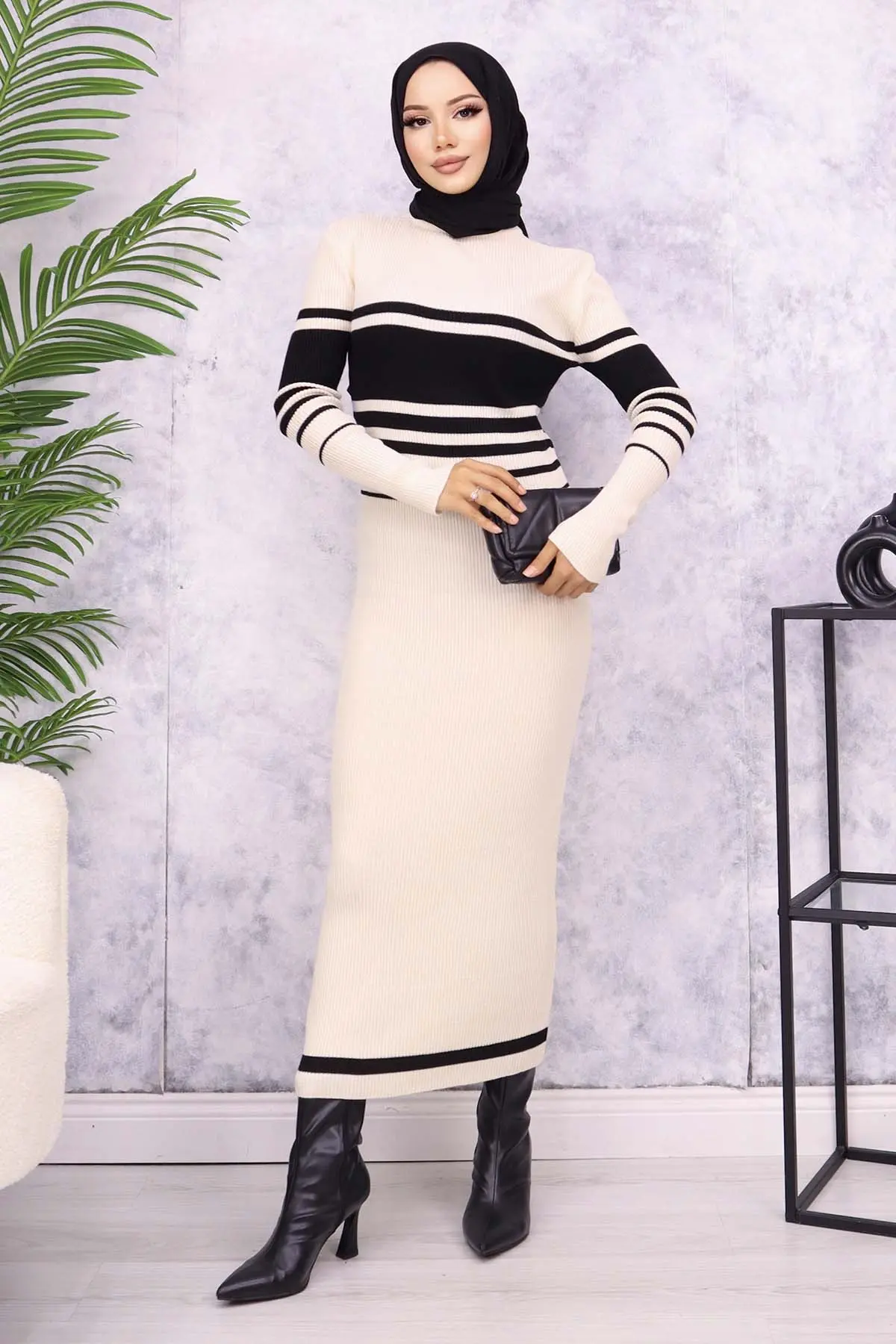 6146 Balıkçı Yaka Triko Elbise Taş Rengi-detail