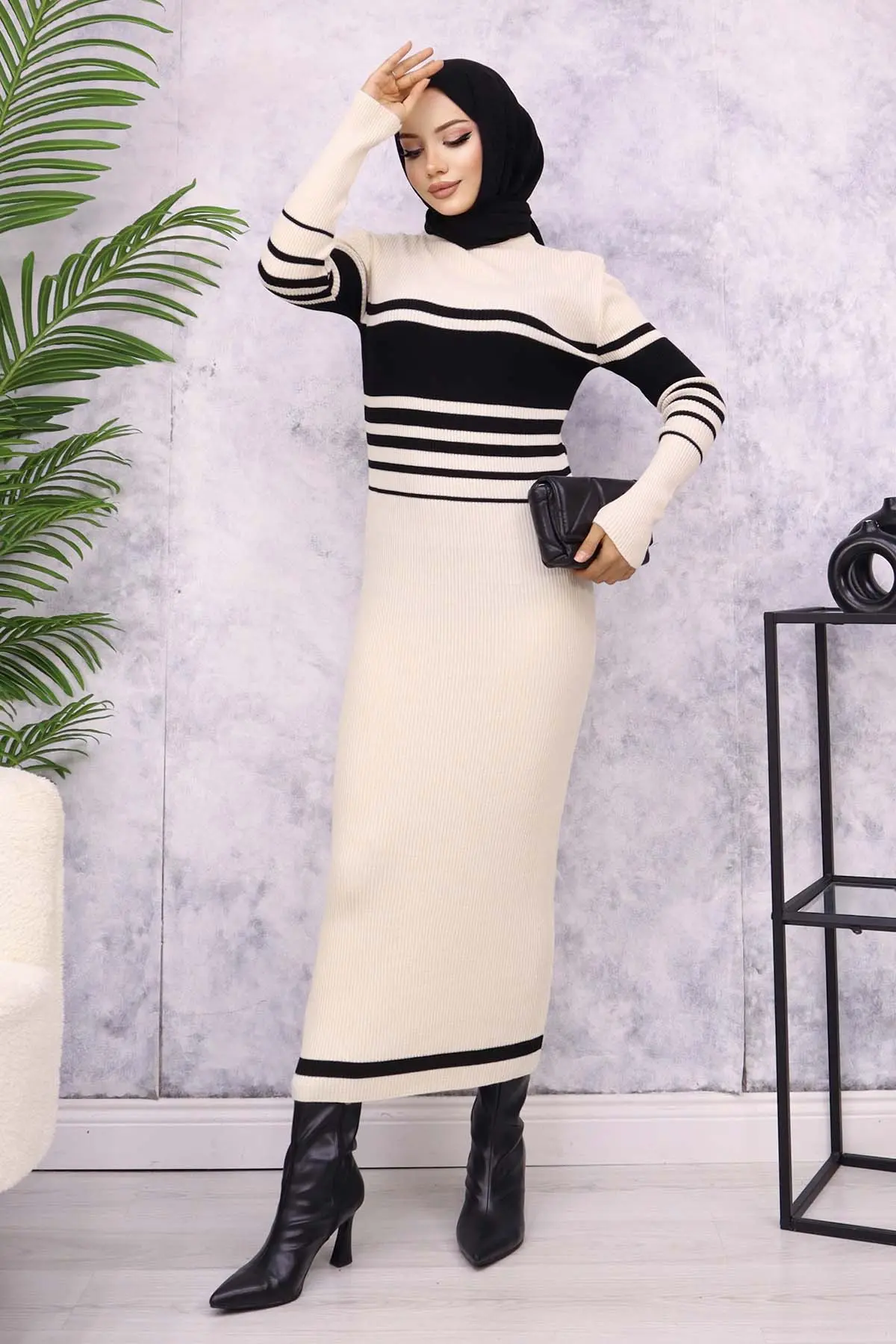 6146 Balıkçı Yaka Triko Elbise Taş Rengi-detail