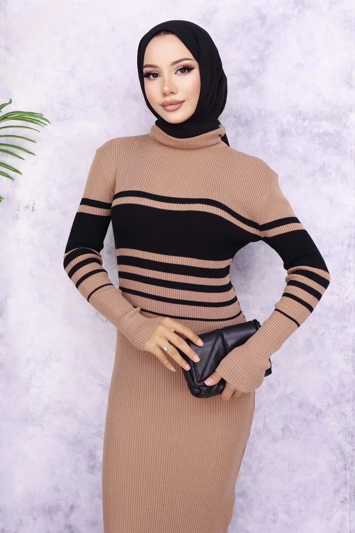 6146 Balıkçı Yaka Triko Elbise Vizon-detail